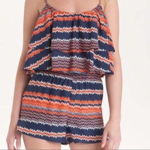 Parker Navy and Orange Silk Ruffled Romper